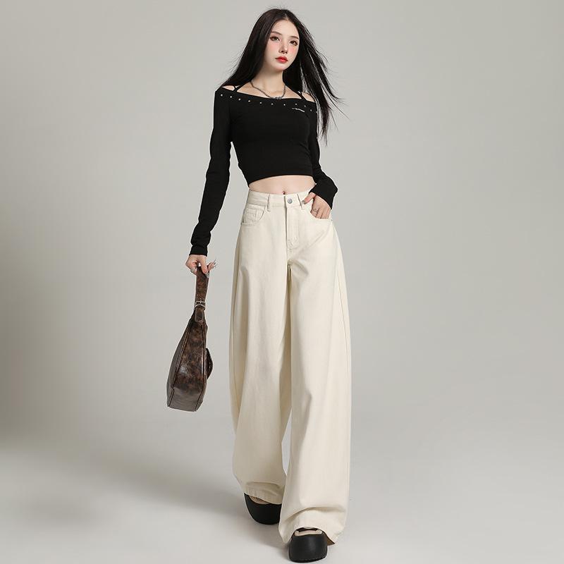 Женские белые джинсы с широкими штанинами и высокой талией, с драпировкой — свободный покрой в корейском стиле на осень