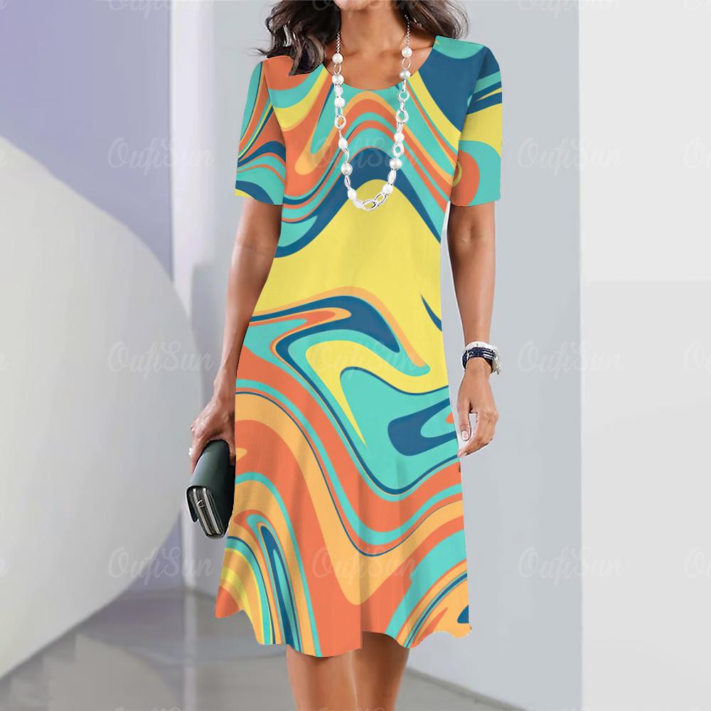 Summer Woman Dresses Women's Round Neck Short Sleeves Clothing Irregularly Streak Print Dress Clothing Loose Pullover Streetwear