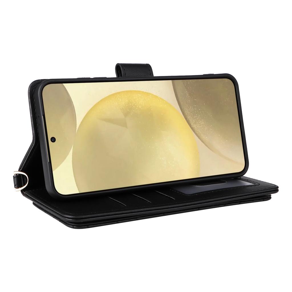 For Samsung Galaxy S24 Wallet Case with Shoulder/Wrist Strap Leather Phone Cover Stand