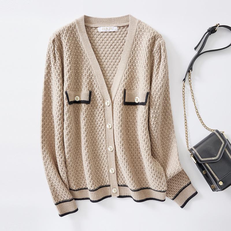 Spring and Autumn Solid Color V-Neck Long-Sleeved Jacket with Contrasting Design Women's Knitted Sweater