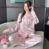 2025 Spring Autumn Women Pajamas Lounge Set Pink Butterfly Print Tops and Pants Satin Sleepwear Loose 2 Piece Loungewear Outfits