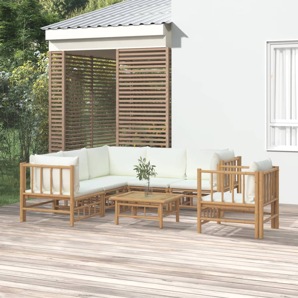 7 piece Garden Lounge Set with Cream Colored Cushions Bamboo