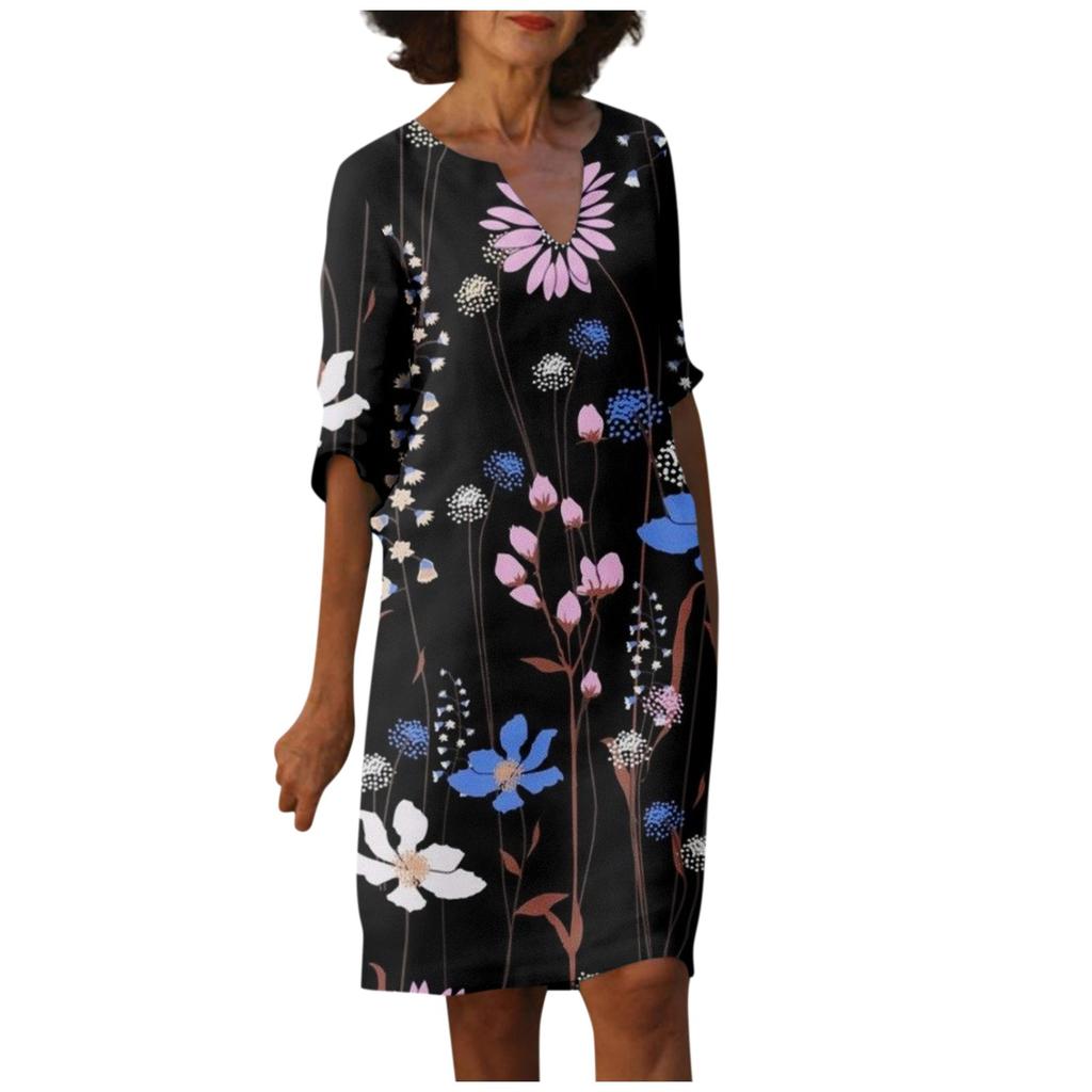 Women's Summer Vintage Print V-Neck Half Sleeve Dress Dresses