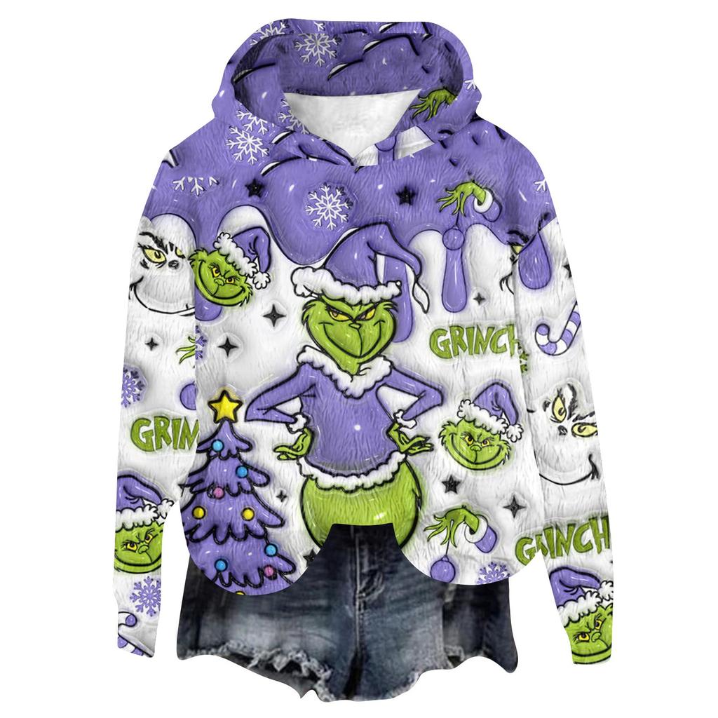 Women's Hooded Long Sleeve Christmas Printed Flannel Top Hooded Sweatshirt