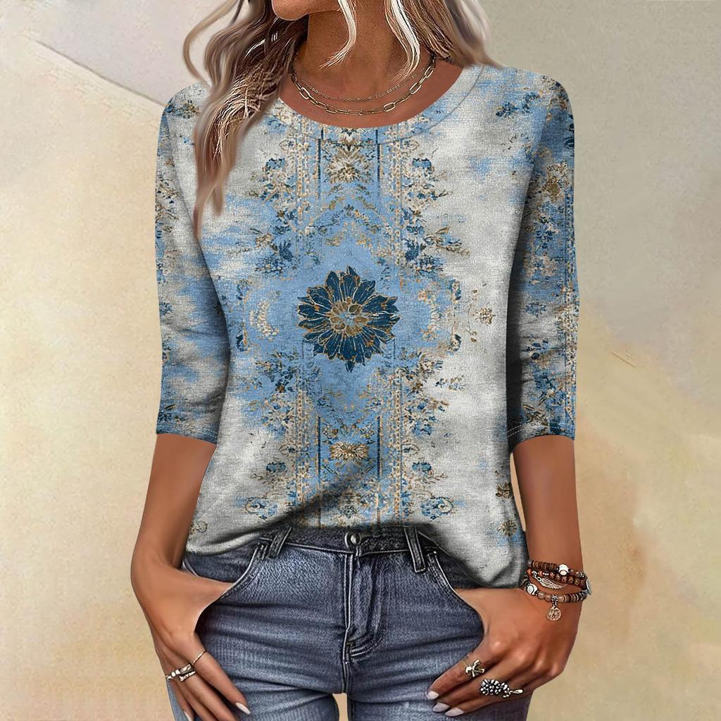 Trendy Vintage 3/4 Sleeve Top For Women,Ladies Casual Three Quarter Sleeve Round Collar Printed T-Shirt Blouse