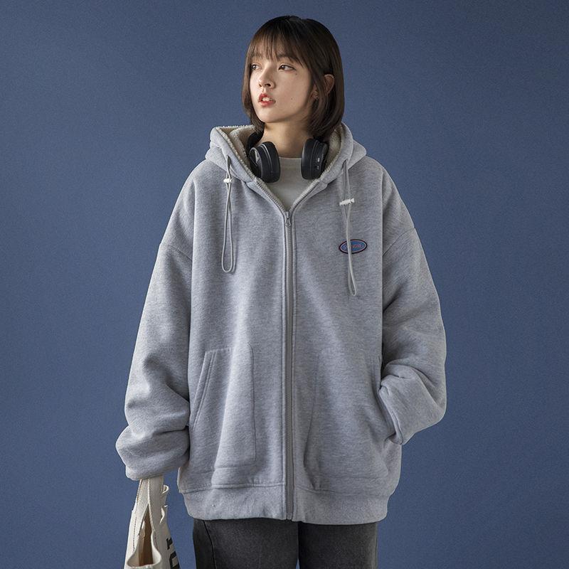 Lamb Wool Coat Women's Lazy Cardigan Sweatshirt Fleece Lined Thickened Loose Korean Style Chic Autumn Winter Hooded Top