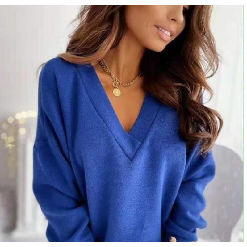 2023 Women's Solid Color V-Neck Knitwear with Cuff Button Top