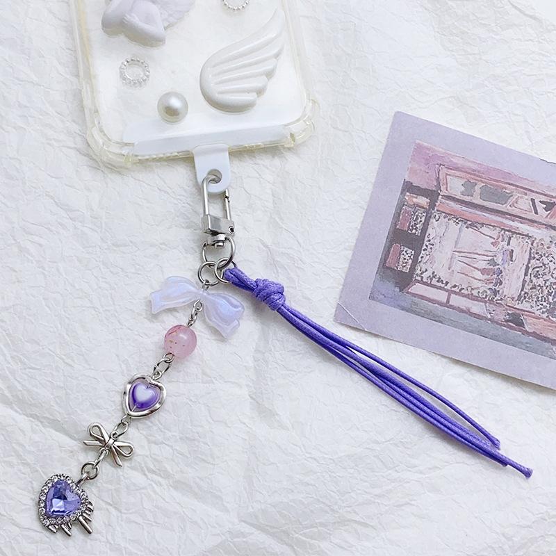Милый бант с бусинами Love Purple Tassel для мобильного телефона, цепочка для ключей, милый брелок для рюкзака, подвеска, сумка, украшение для девочки, подарок