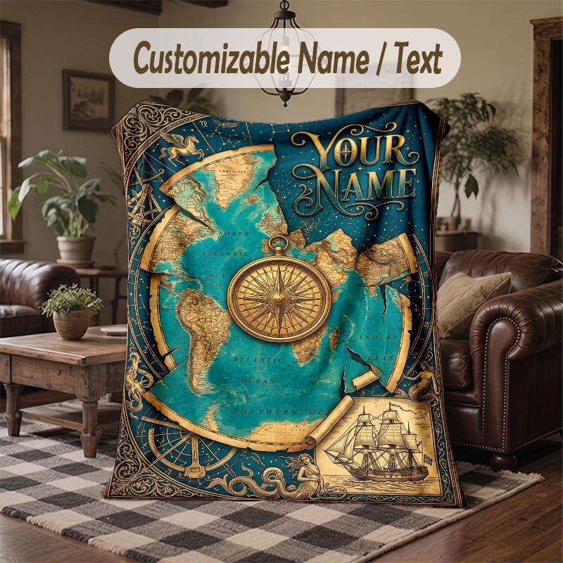 Vintage Compass Map Theme Throw Blanket Custom Name Text Personalized Blanket Soft Cozy Blanket for Home Sofa Bed