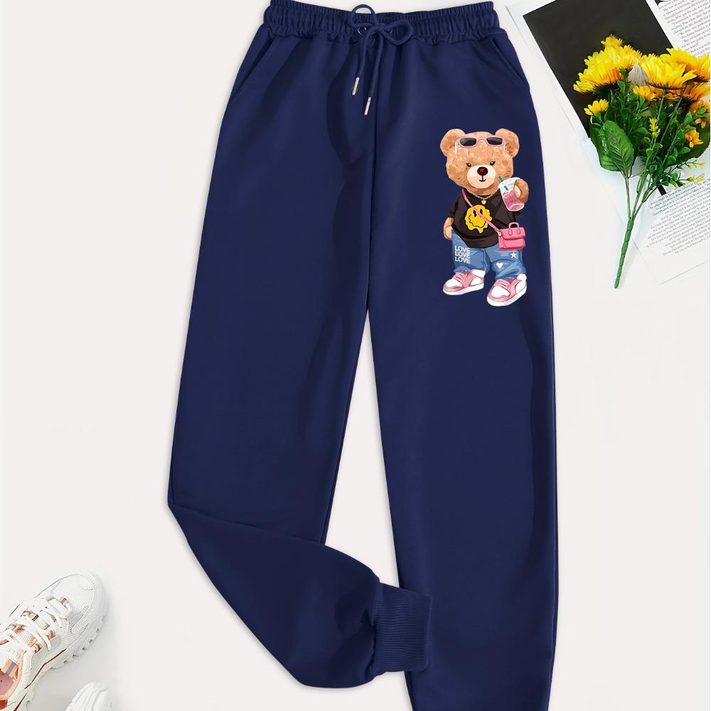 Carton Pattern Bear Printing Casual Basic Women Britches, Loose Fashion Trousers With Drawstring Pockets Sweatpants Female New