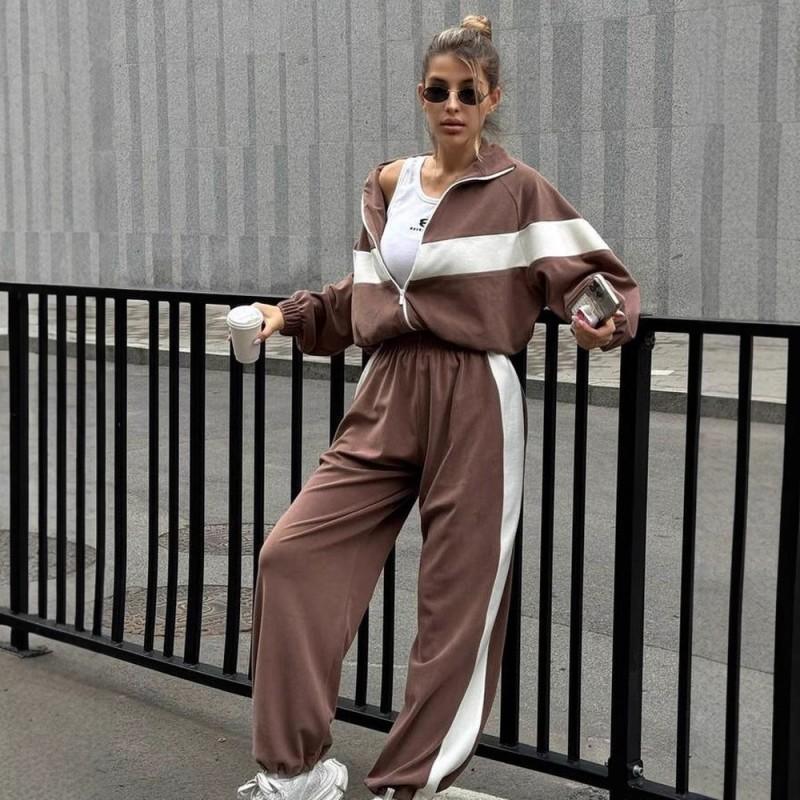 Womens 2026 Casual Streetwear Two-Piece Set Zip-Up Hoodie Long Pants Contrast Color Sporty Outfit