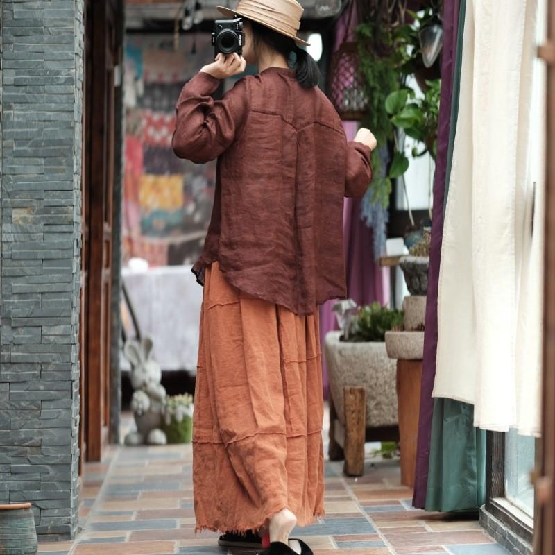 Johnature Осенняя женская винтажная льняная свободная однобортная рубашка, однотонная рубашка с круглым вырезом и длинными рукавами с принтом