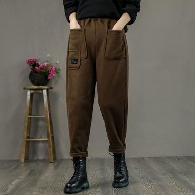 Утепленные брюки из хлопка и льна с плюшевой подкладкой, женские зимние, большого размера, с эластичной талией, стройнящие, универсальные, повседневные, шаровары