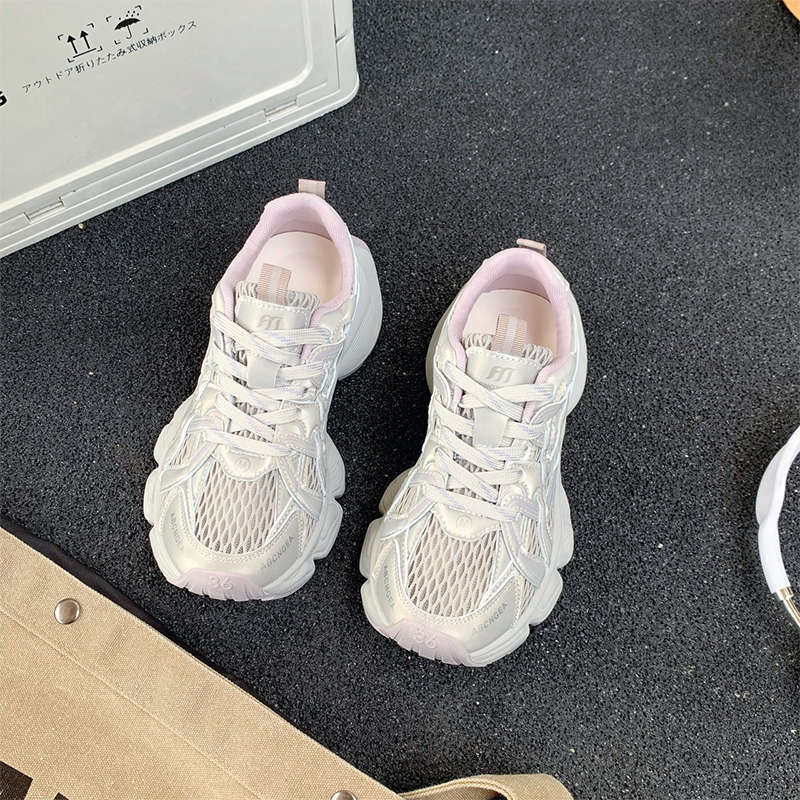Женские кроссовки «папины кроссовки» новая летняя сетчатая дышащая серебристая на высокой толстой подошве повседневная легкая спортивная обувь