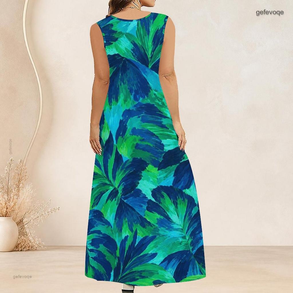 Women Plus Size Scoop Neck Sleeveless Orange Purple Floral Printed A Line Long Dress