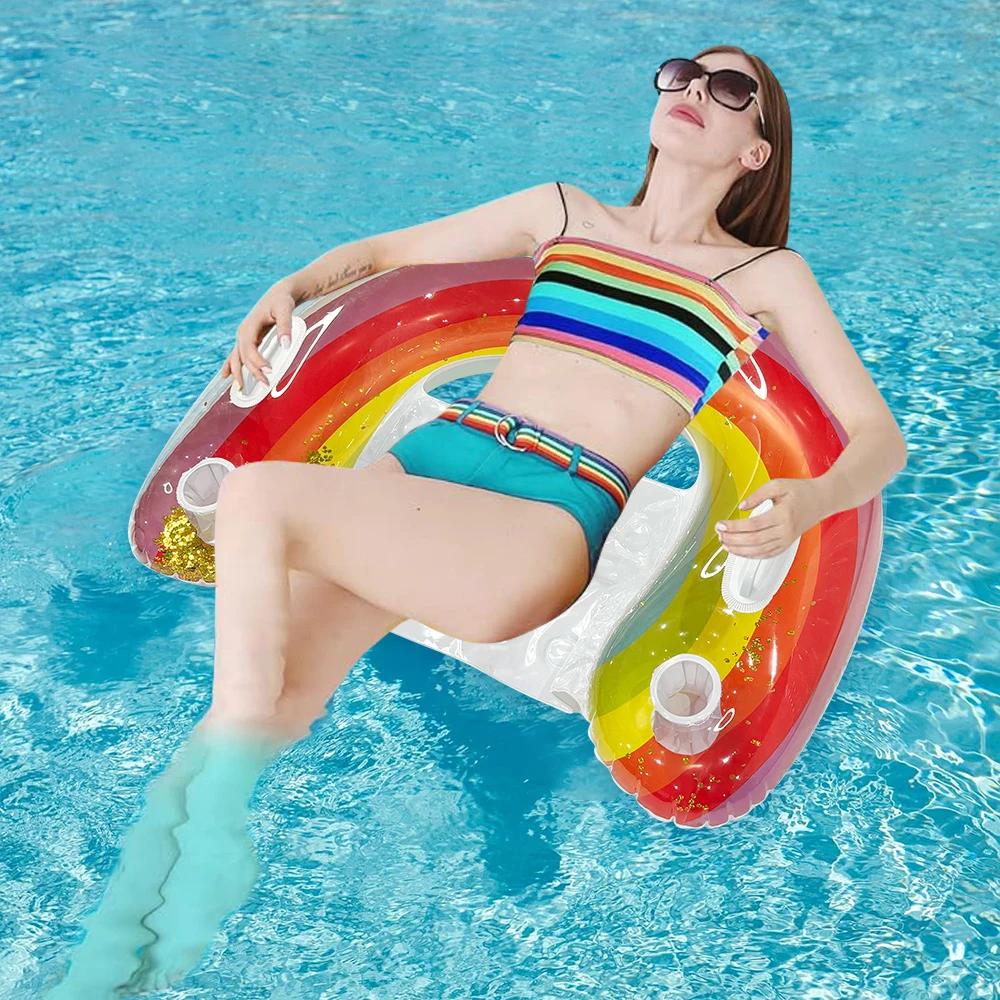 Кресло для плавания в воде, надувное плавающее кресло из ПВХ с плавающей запятой, U-образное сиденье с блестками и радужным сиденьем для плавания