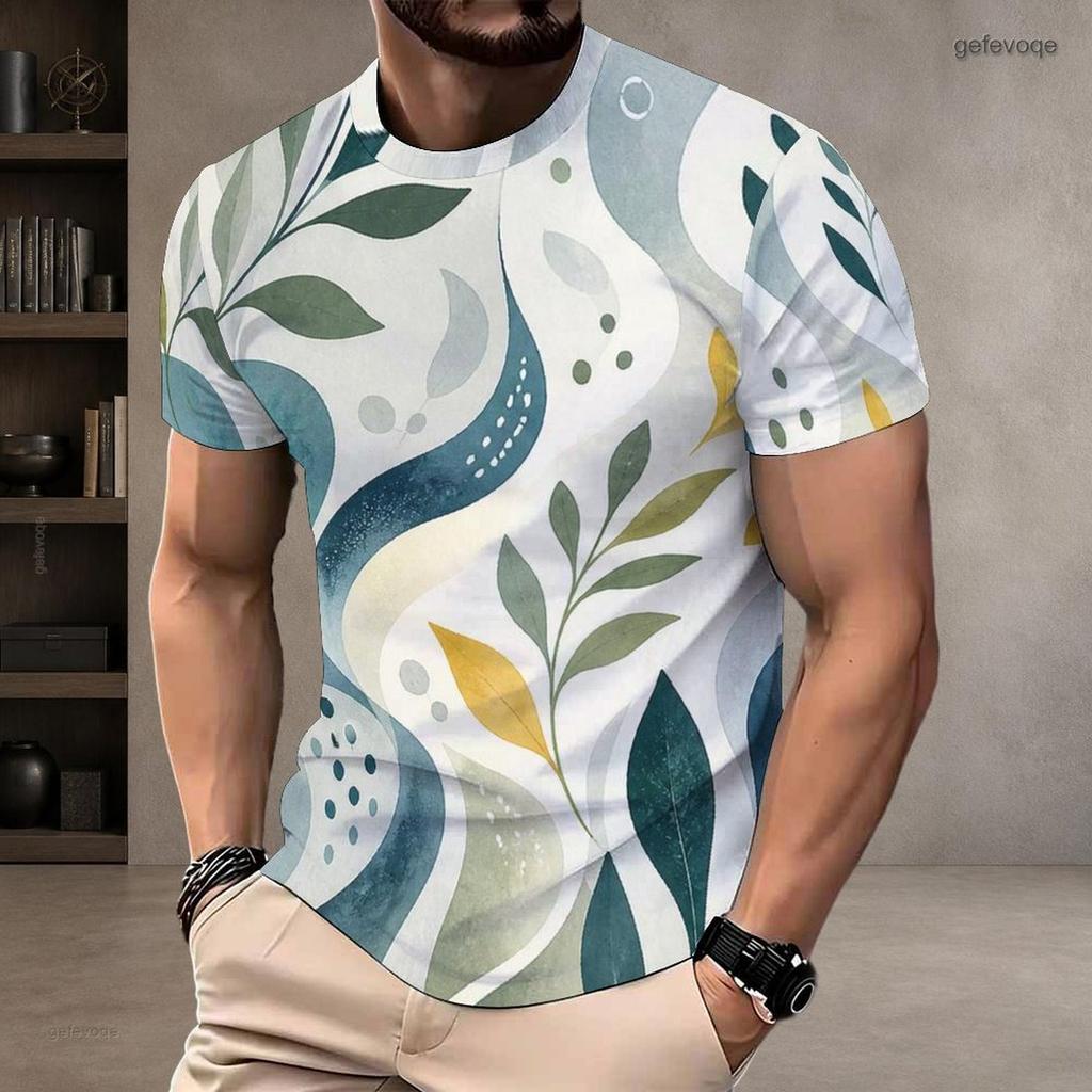 Men Plus Size Green Tropical Leaf Printed Round Neck Short Sleeve Pullover T Shirt Straight Hem