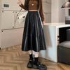Women's High Waist Black PU Leather Midi A-Line Skirt - Autumn/Winter Elastic Waist Slimming Flared Skirt