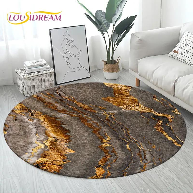 Round Area Rug – Black, Gold & Blue Circle Carpet for Living Room, Bedroom, Sofa, Kitchen Floor Mat