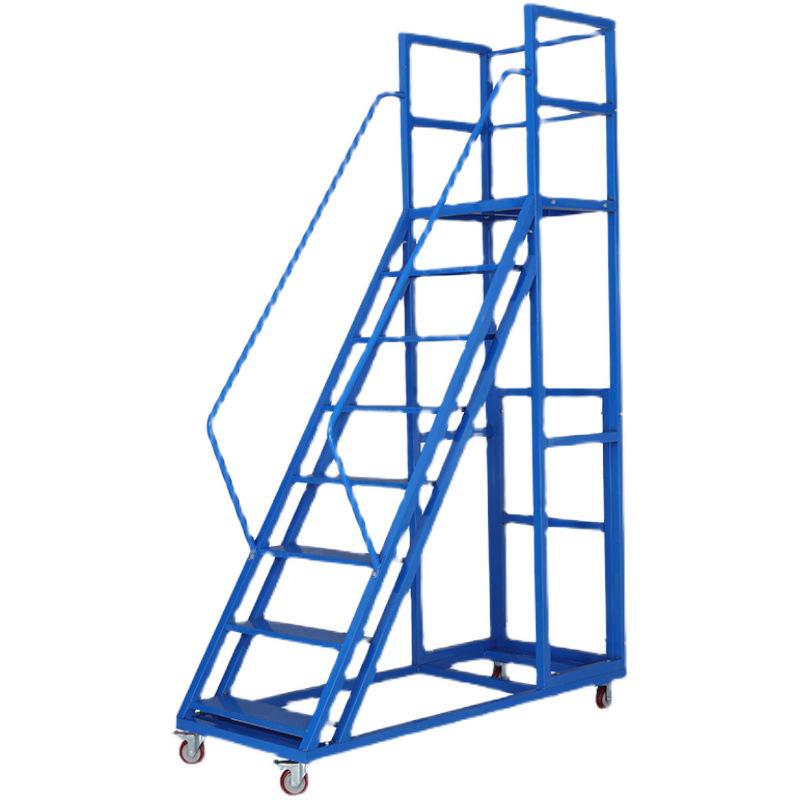 High-Rise Mobile Warehouse Ladder with Wheels and Guardrail - Movable Platform Step Ladder for Supermarket and Industrial Use