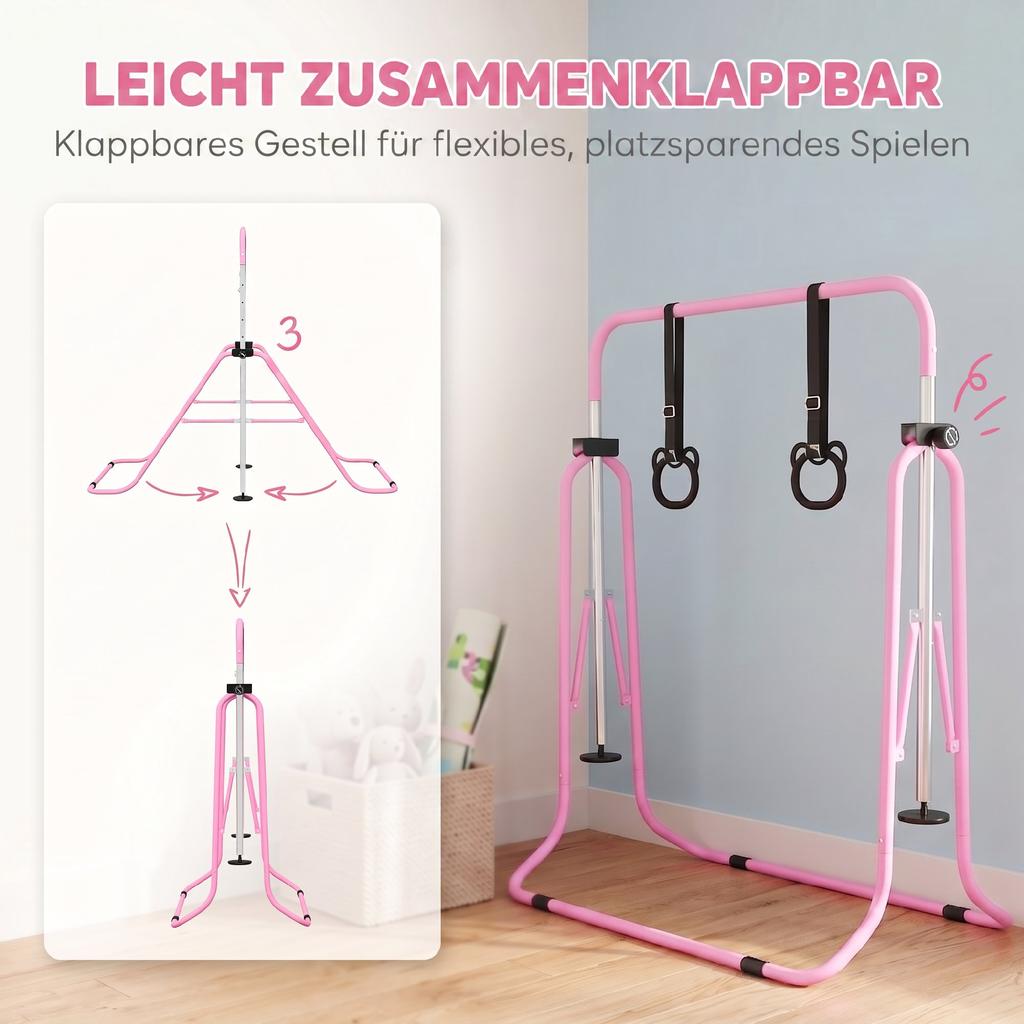 Adjustable Height, Foldable Kids Gymnastics Bar w/ Non-slip Rubber Floor Rings, for 3+ Years, Pink