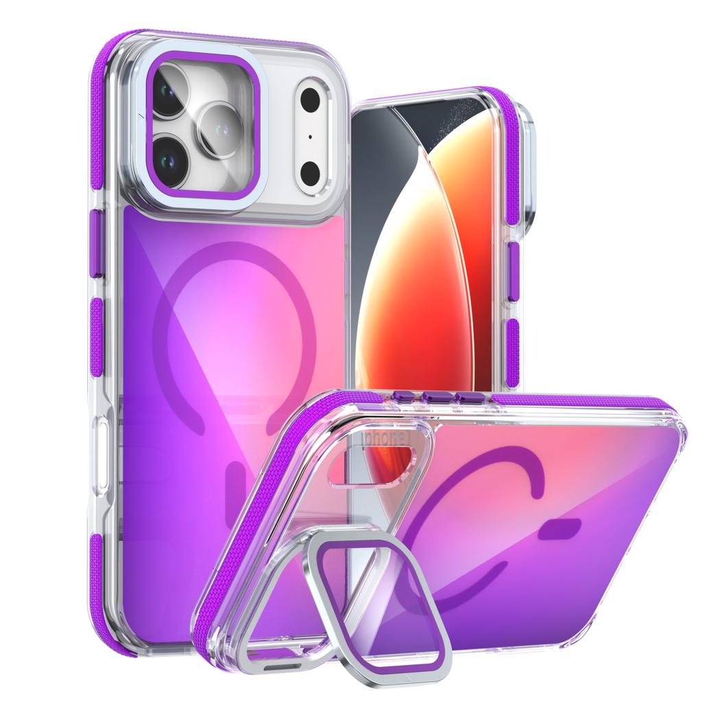 For iPhone 17 Pro Magnetic Case TPU Acrylic Phone Back Cover with Lens Film and Kickstand