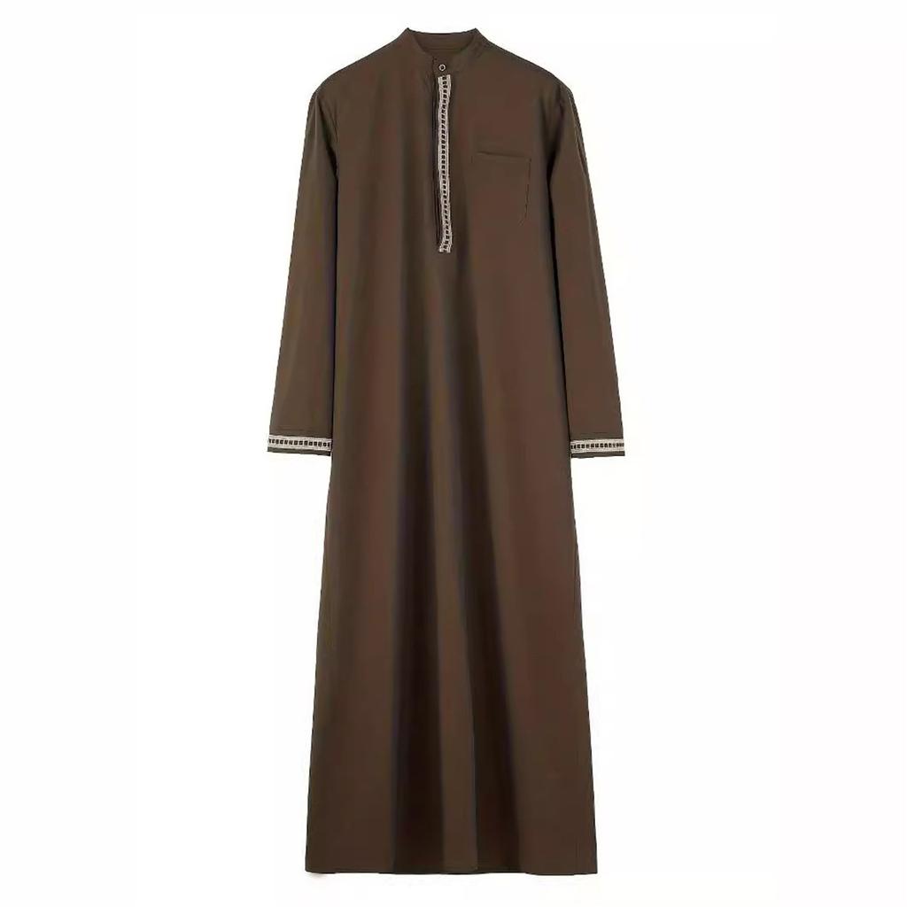 Однотонный кружевной халат с воротником-стойкой и длинными рукавами и карманами для мужчин-мусульман