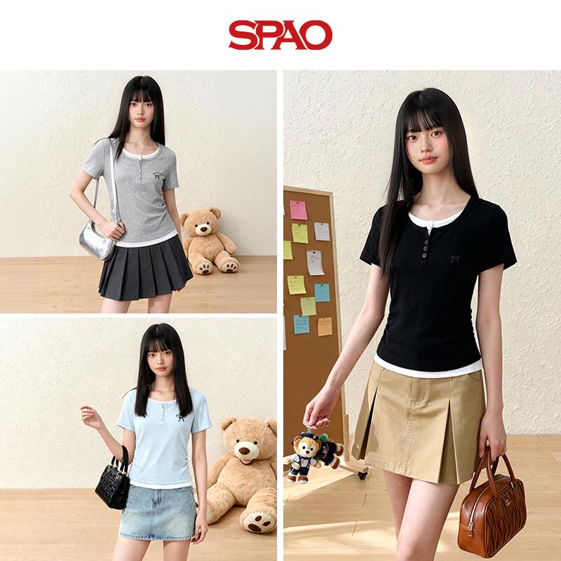 Женская футболка SPAO с контрастным эффектом двух предметов, с коротким рукавом