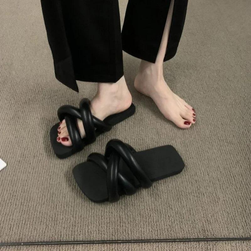 Новые женские туфли, модные, квадратный носок, ретро, повседневные, с плоской подошвой, пляжные тапочки, обувь для женщин, Zapatos De Mujer 2024