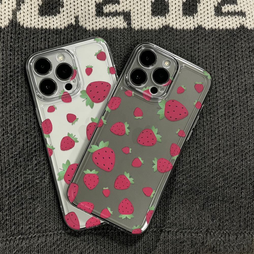 Прозрачный силиконовый чехол с полным принтом клубники для iPhone 12 14 Plus 11 16 13 17 15 Pro Max, тонкий защитный чехол с защитой от пожелтения