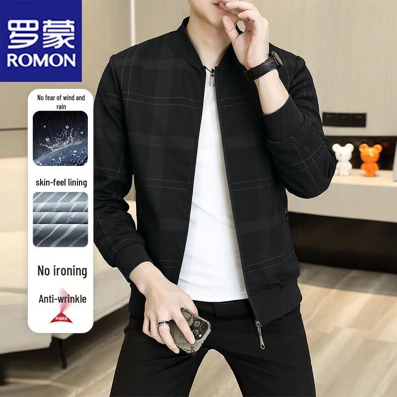 ROMON Men's Plaid Stand-Up Collar Jacket