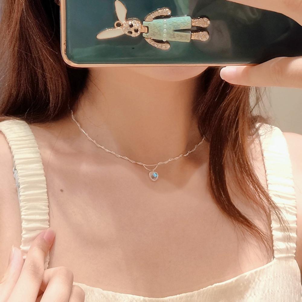 Ожерелье с подвеской из лунного камня в форме сердца двойной любви, женское градиентное ожерелье с драгоценными камнями на ключице, пара