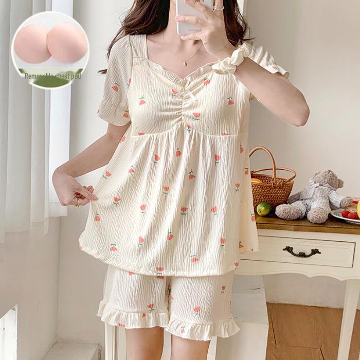 «Женский летний пижамный комплект с нагрудными накладками»: Не мнется, короткие рукава, в корейском стиле, мило и симпатично"