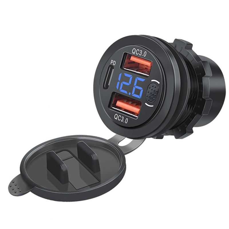 Автомобильное бортовое зарядное устройство с двумя портами USB для быстрой зарядки 3.0 и разъемом PD с цифровым вольтметром, кнопочным переключателем для автомобиля, лодки, грузовика, автофургона
