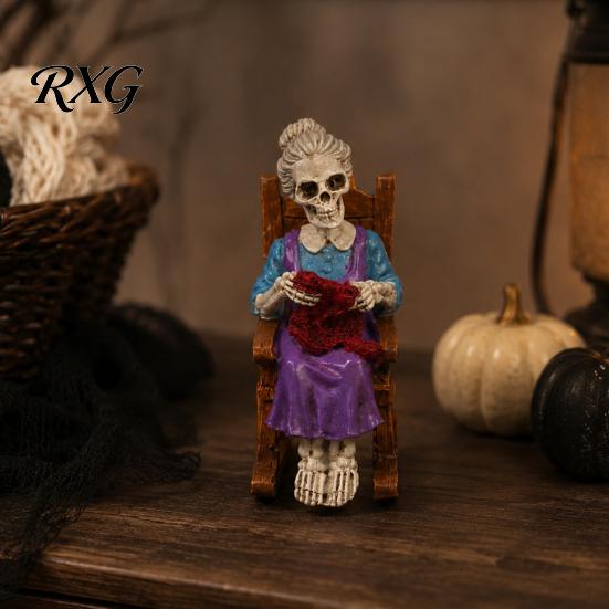 Resin Skeleton Desk Ornament Halloween Figurine, Sitting on Rocking Chair Statue, Drinking Gothic Garden Landscaping Decor Coffee Crocheting