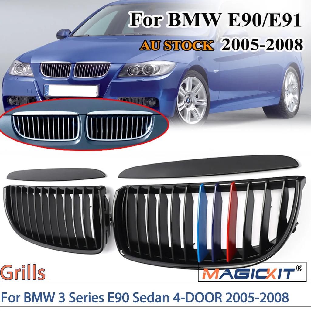 MAGICKIT Kidney Grill Gloss Black with M-Color Fins AD37 Glossy Black ABS For BMW 3 Series E90 Sedan 4-DOOR 2005-2008 CAR Accessories