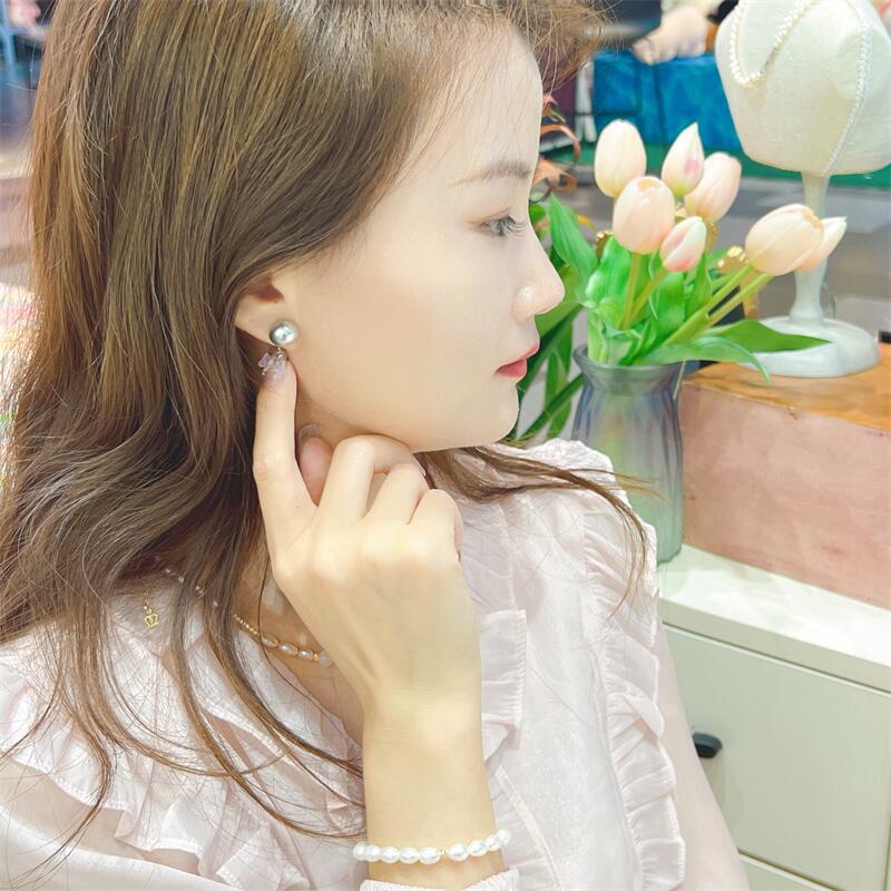 Yuhé’s popular Korean crystal pearl earrings on Xiaohongshu s9Silver Needle Ash Gray Hemp Color High-End Minimalist Style