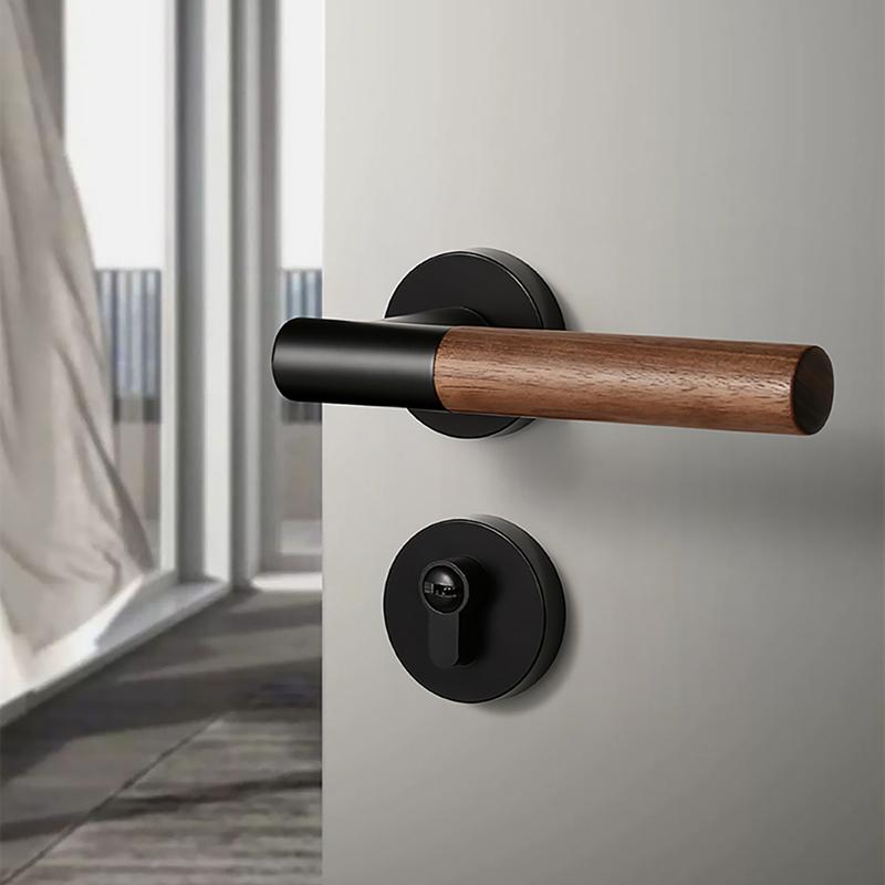 New Chinese Style Indoor Room Bedroom Door Lock  Black Walnut Wood Retro Solid Wood Door Handle Magnetic Suction Silent Lock