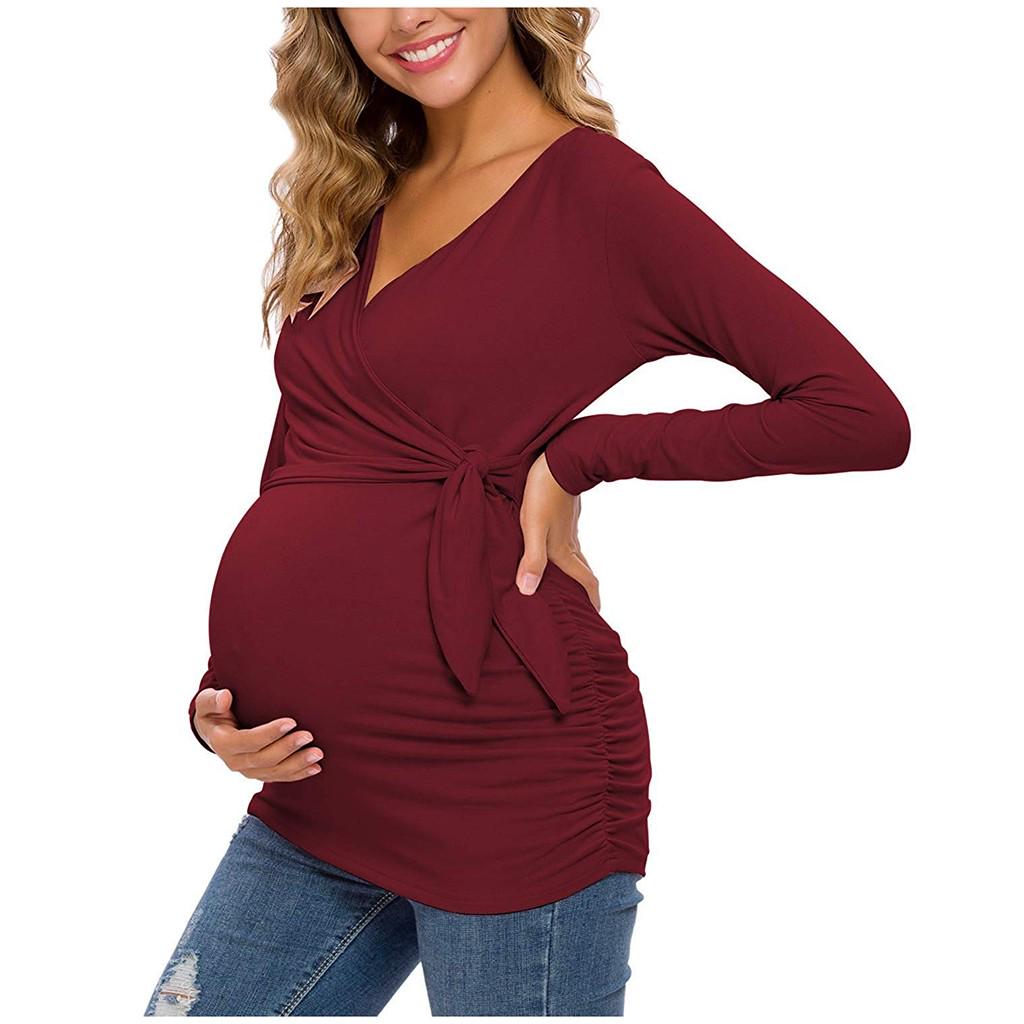 Women's Maternity Long Sleeve V-neck Shirts Tops For Breastfeeding