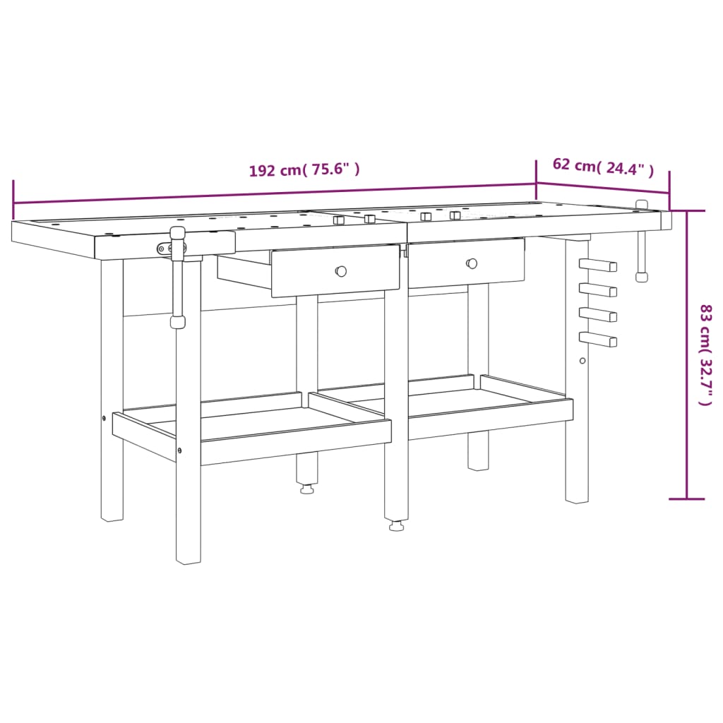 Workbench with Drawers and Bench Vises 192 x 62 x 83 cm Acacia Wood