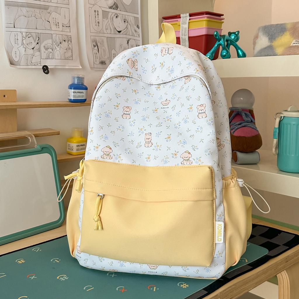 Schoolbag milky white fresh floral cute bear patchwork student backpack for students and healing style gentle bestie travel mini backpack