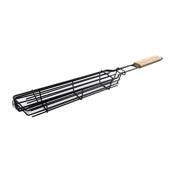 Stainless Steel BBQ Grill Basket with Wooden Handle Non-Stick Sausage Roasting Cage Multi-functional Grill Utensil for Outdoor Camping