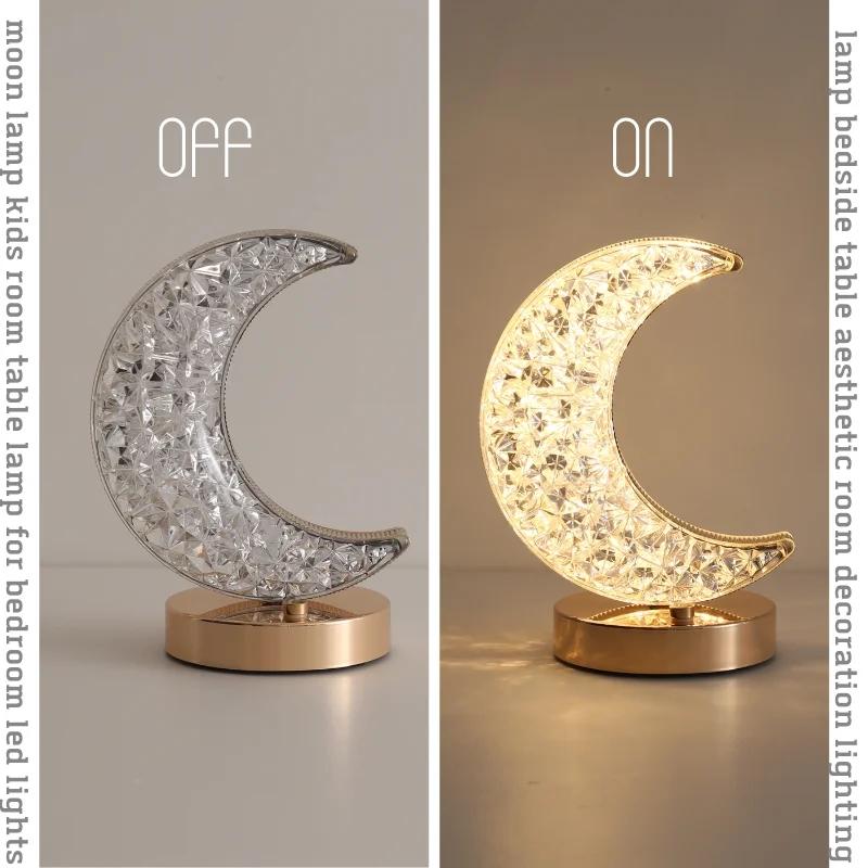 Пространство спальни Хрустальная сенсорная диммируемая ночная лампа Фильтрующая для комнаты девочек Домашний декор Эстетика USB Прикроватная светодиодная лампа для создания атмосферы Настольная 3D лунная лампа