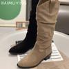 Заостренный носок женские высокие сапоги замшевые зимние туфли на среднем каблуке дизайнерская обувь 2025 тренд массивные туфли-лодочки до колена классические челси Botas Mujer