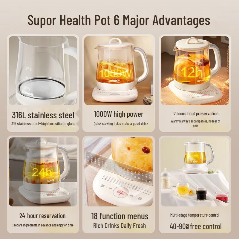 Многофункциональный стеклянный чайник Supor 1.5L для здоровья, штекер CN (адаптер в комплекте)