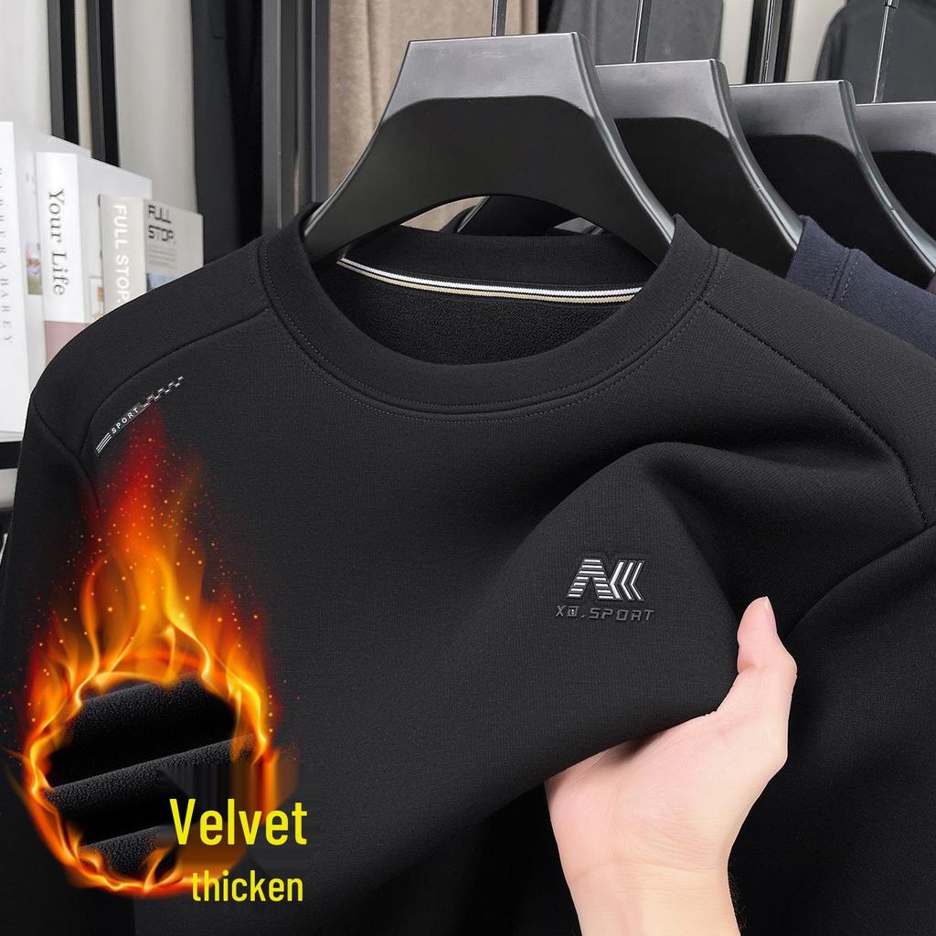 2025 Men's Fleece-Lined Casual Round Neck Warm Sweatshirt Long Sleeve T-shirt Winter Collection