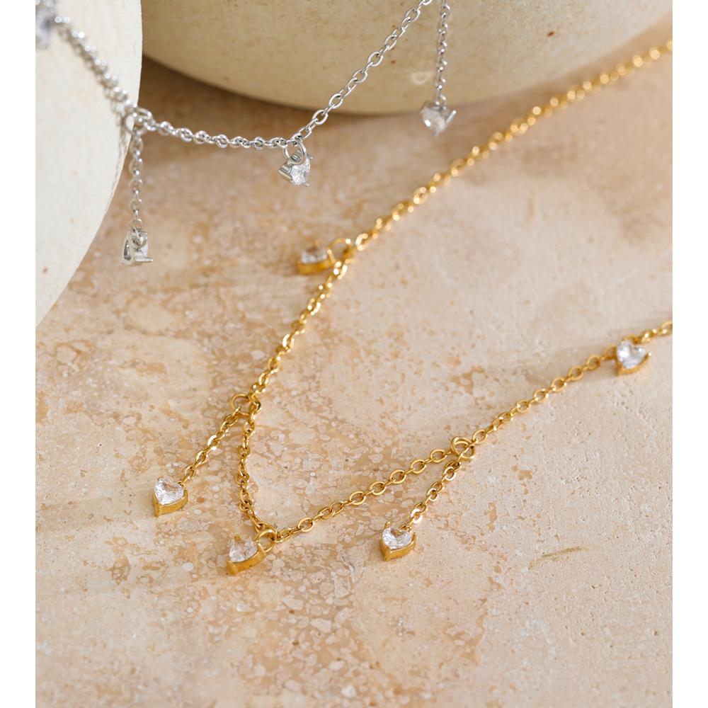 Yhpup Stainless Steel Heart Cubic Zirconia Chain Chic Necklace High-Grade Delicate Collar Fashion Korean Exquisite Jewelry Gift