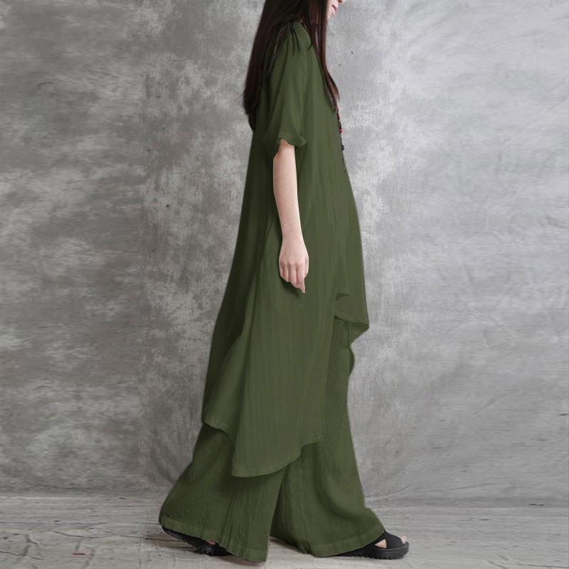 Korean Women's Casual Cotton & Linen 2-Piece Sportswear Set – Short Sleeve O-neck Top & Trousers