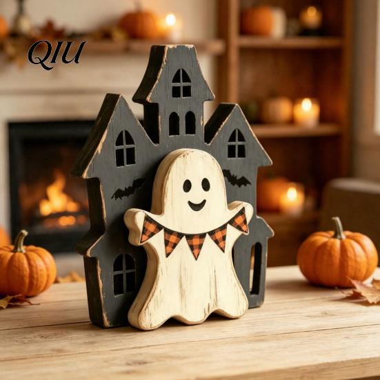 Handcrafted Aged Wood Table Decor Halloween Wooden Tabletop Decor, Rustic Ghost Black Cat Pumpkin Owl Centerpieces, Retro Distressed Ornaments Vintage
