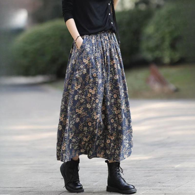 Весенне-летняя женская ретро юбка с цветочным принтом - Юбка А-силуэта миди длины с высокой талией большого размера